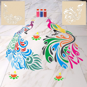 Peacock Rangoli Stencil Floor Decoration with Six ...